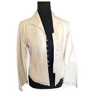 SISTERS Laser Cut Leather Jacket, Lambskin Light Ivory Tan Bell Sleeves …